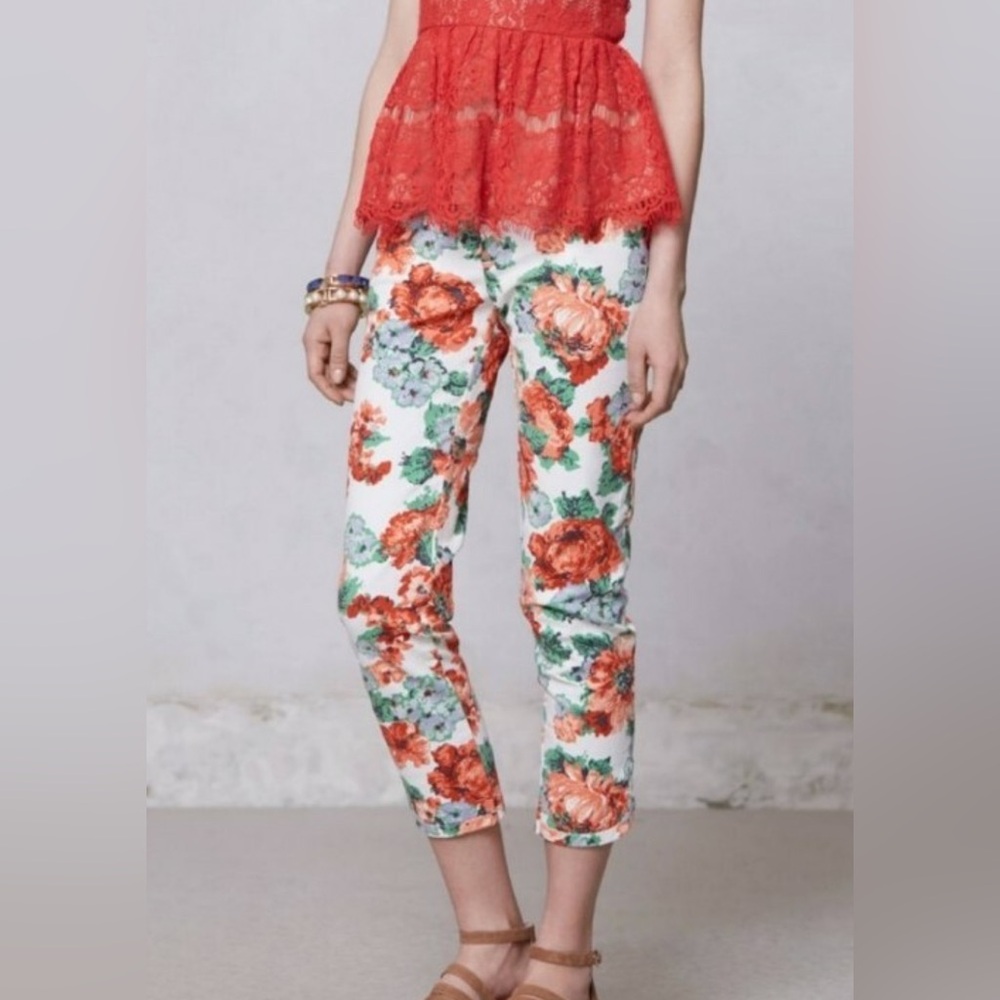 Anthropologie White Floral Crop Pants with Coral & Green Print